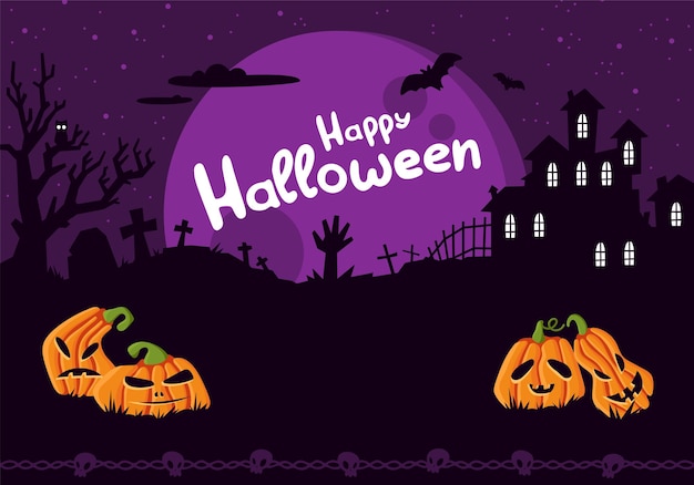 Halloween-Plakatschablone gruseliger Partyeinladungsflyer mit Horrorsymbolkürbis auf dunklem Friedhof