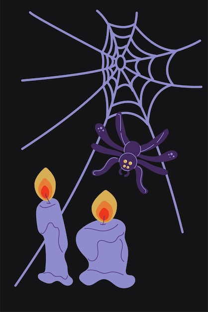 Halloween-postkarte. eine niedliche spinne auf einem netz und zwei kerzen auf einem gleichmäßigen hintergrund.
