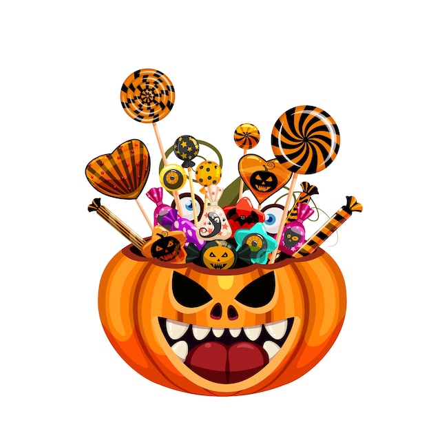 Vektor halloween pumpkin bag korb voller süßigkeiten und süßigkeiten.