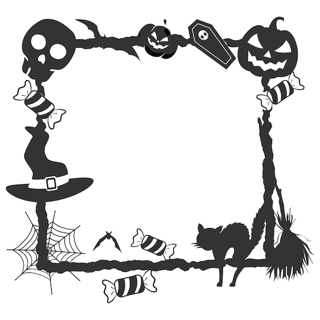 Halloween-rahmenumrandung mit halloween-elementen wie totenkopf-hexenhut und spinnennetz