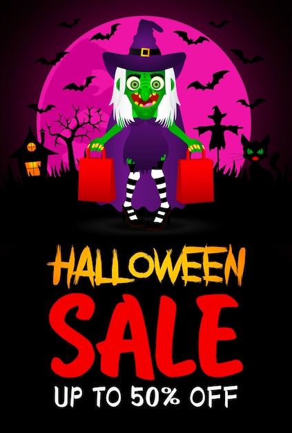 Halloween sale poster banner mit lustiger gruseliger hexe sale halloween grafikdesign