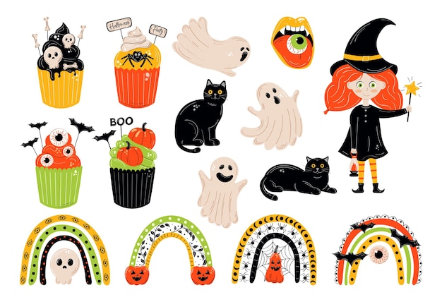 Halloween-sammlung mit handgezeichneten elementen, hexe, geistern, cupcake und mehr, vektorillustration