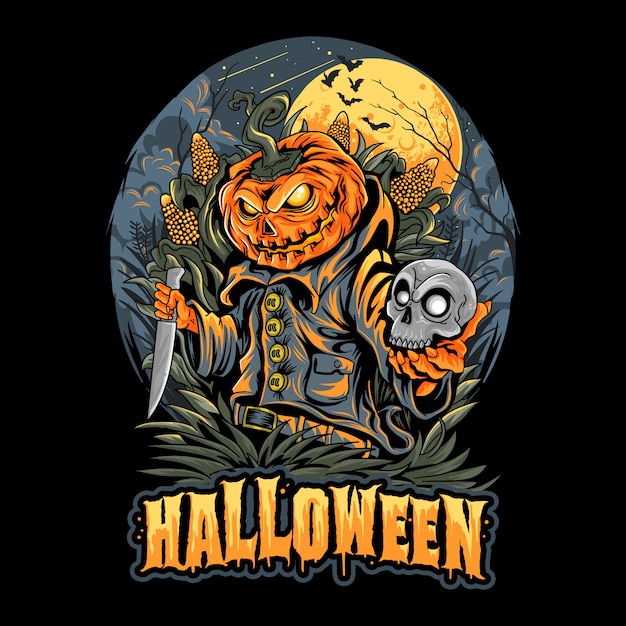 HALLOWEEN SCARECROW, SKULL HEAD UND PUMPKINS ARTWORK