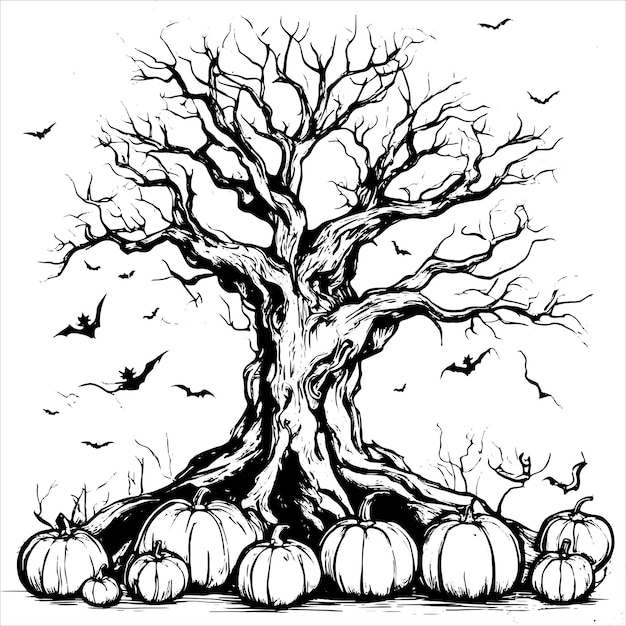 Halloween-Schreckbaumvektor mit Halloween-Kürbisskizze, isoliert auf weißem Hintergrund Halloween-Baum im Vintage-Stil und Kürbisvektor-Illustration