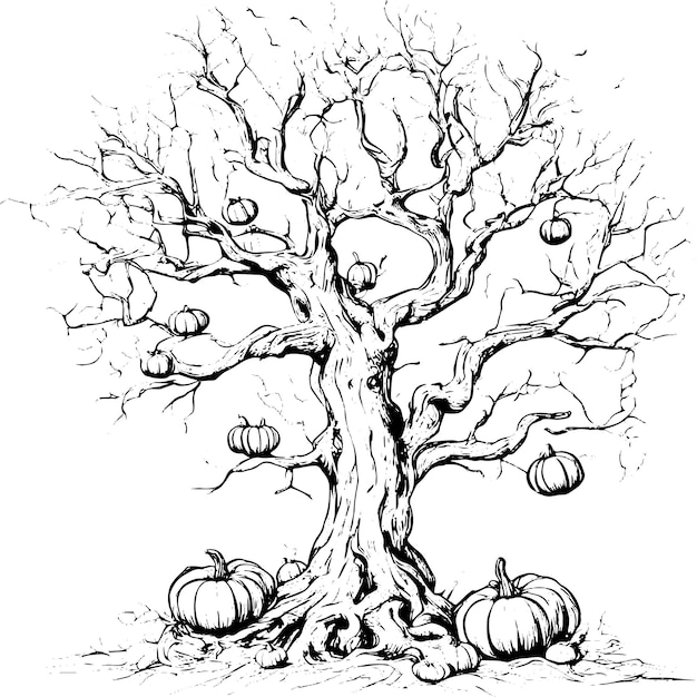 Halloween-schreckbaumvektor mit halloween-kürbisskizze, isoliert auf weißem hintergrund halloween-baum im vintage-stil und kürbisvektor-illustration