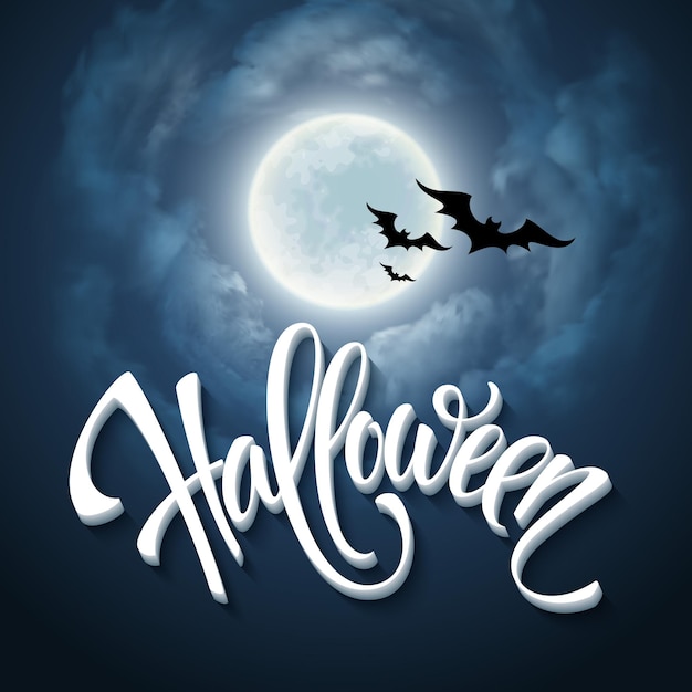 Halloween-schriftzug mit vollmond und fledermäusen in der nacht