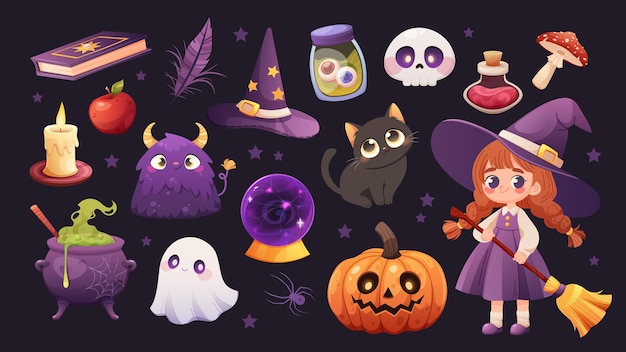 Halloween-Set Gezeichneter festlicher Satz von Elementen Vektor-Ikonen von Schädeln Hexerei Geister Kürbisse