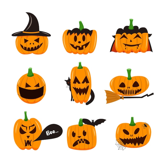 Halloween-Set Kürbisse mit Gesichtern im flachen Stil