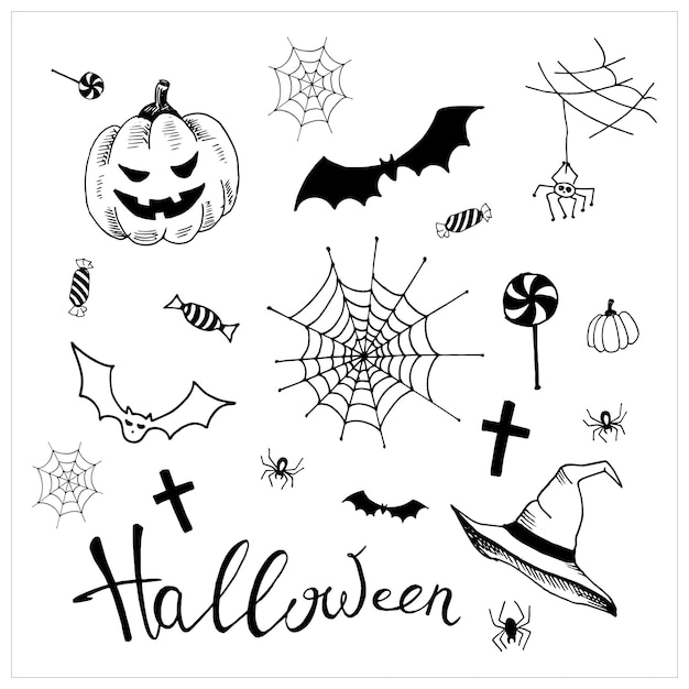 Halloween-set. sammlung von einfachen doodle-elementen für halloween-feiertagsdesign. handgezeichnete illustrationen. vektor, getrennt auf weiß.