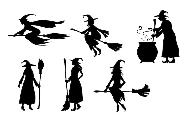 Halloween-Silhouette Hexe auf Besenstock Vektorillustration Hexe auf einem Besenstock Silhouette Ikonensatz