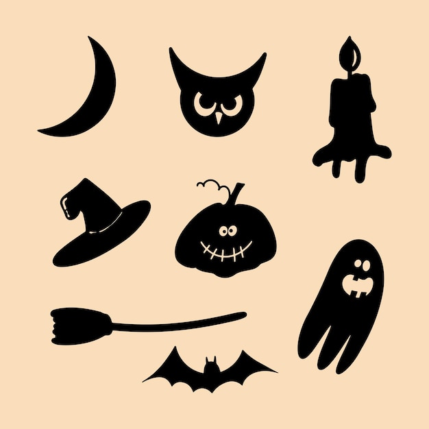 Halloween silhouetten geisterfledermaus kürbis eule halbmond hexenhut kerze und besen