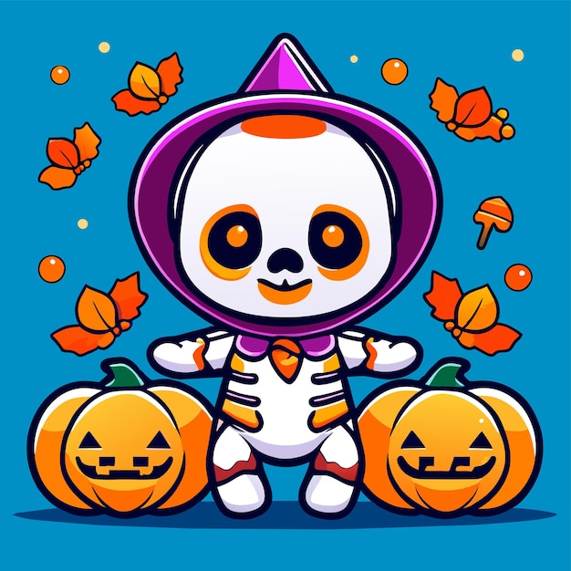 Vektor halloween-skelett-schädel-kürbis handgezeichnetes flaches stilvolles cartoon-sticker-ikonenkonzept isoliert