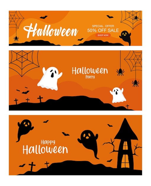 Halloween sonderangebot verkauf mit geistern und hausdesign, jetzt einkaufen und e-commerce-thema.