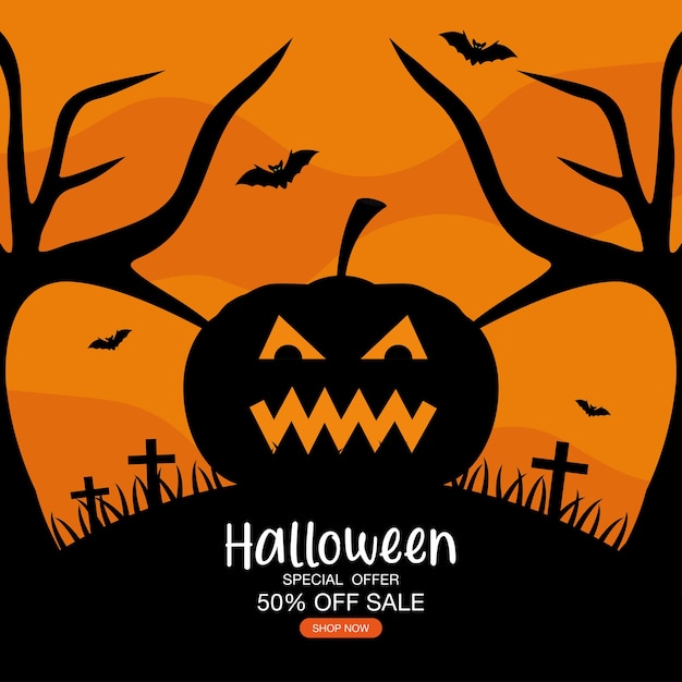 Halloween sonderangebot verkauf mit kürbis cartoon design, jetzt einkaufen und e-commerce-thema.