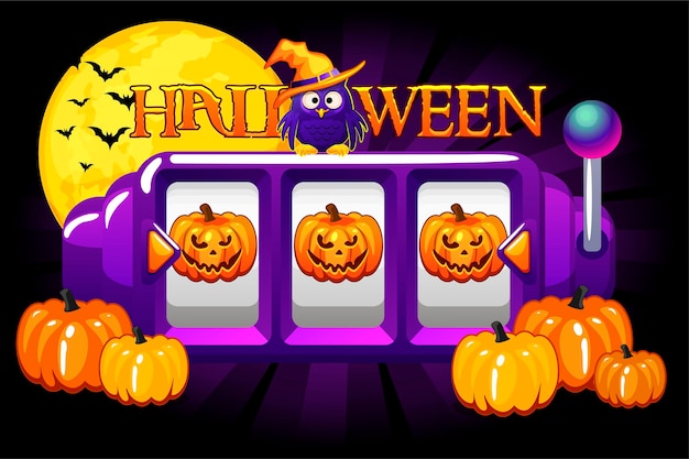 Halloween-spielautomat, kürbis-jackpot, glücksbonus für das ui-spiel. vektor-illustration nacht festliche banner gewinnen wette spielautomat für design.