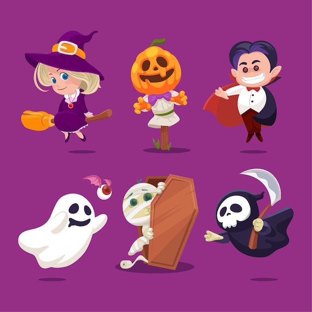 Halloween Sticker mit süßem Charakter in gruseligen Kostümen