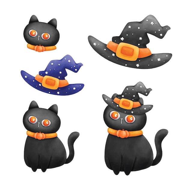 Halloween süße schwarze Katze und Hexenhut