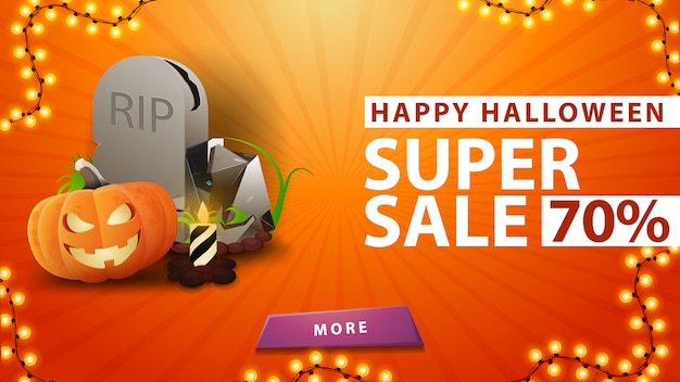 Halloween super sale, bis zu 70% rabatt, orange banner mit grabstein und kürbis jack