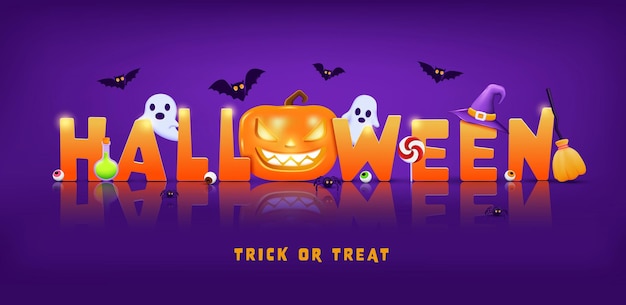 Vektor halloween-text gelb und orange design mit gelben kürbissen fledermaus fliegender geister hut spinne banner design auf lila hintergrund vektor 3d illustration