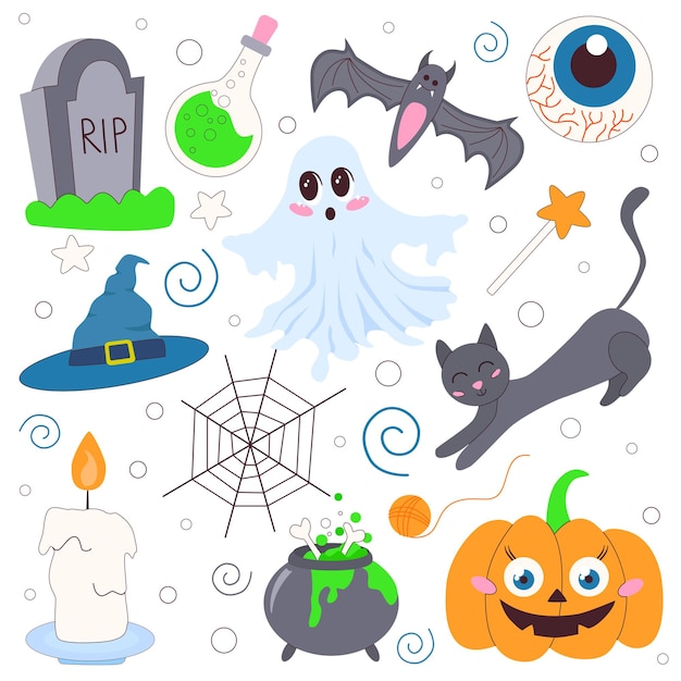 Halloween-Thema mit spielerischen Illustrationen ein Geister Fledermaus Hexen Hut Kürbis schwarze Katze