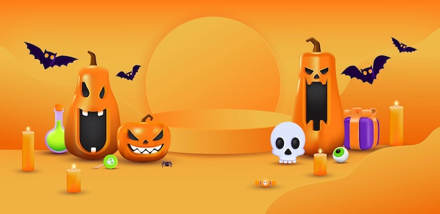 Vektor halloween-thema orange produkt-display podium auf papier grafischer hintergrund mit gruppe von 3d-illustration jack o lantern kürbis und kerzenlicht vektor 3d-illustration