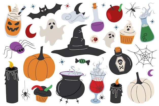 Halloween-thematische Vektorillustrationssatz mit Kürbissen, Kesseln, Hexenhut und Spukfiguren von Geistern