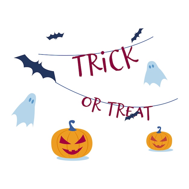 Vektor halloween-themenillustration mit lächelnden jackolanterns, fliegenden fledermäusen und niedlichen geistern trick or treat-satz in festlicher schriftart gruselige und lustige vektorillustration für oktoberfeiertage