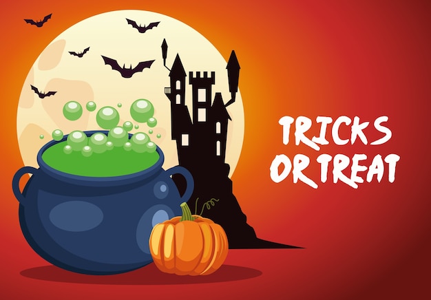 Halloween-tricks oder schriftzug mit kesselhexe und burg