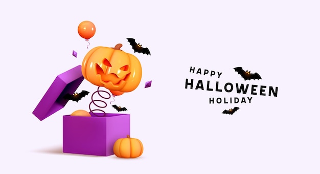 Halloween-urlaubsdesign. gruseliger kürbiskopf springt heraus. geschenkboxen öffnen. realistischer 3d-kürbis mit gruseligem lächeln im gesicht. webbanner, partyplakat, werbebroschüre, flyer. vektorillustration