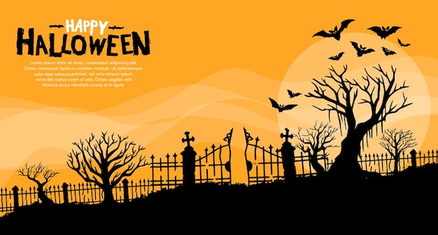 Vektor halloween-vektor-design mit friedhofstor-silhouette auf orangem hintergrund