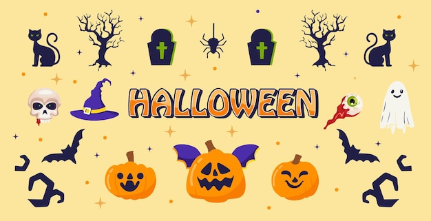 Halloween-Vektordesign mit Clip-Art-Set aus Kürbissen, Fledermäusen, Geistern, Katzen, Totenköpfen, Hüten und anderen