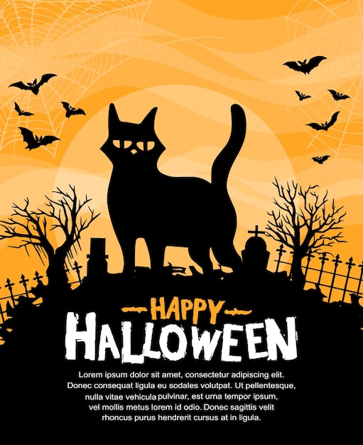 Halloween-vektordesign mit schwarzer katzensilhouette auf orangem hintergrund