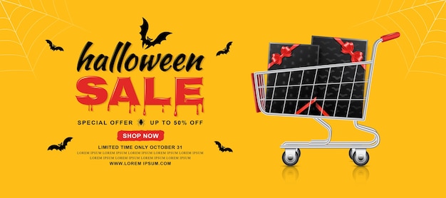 Halloween-verkauf banner vorlage einkaufswagen mit geschenkboxen