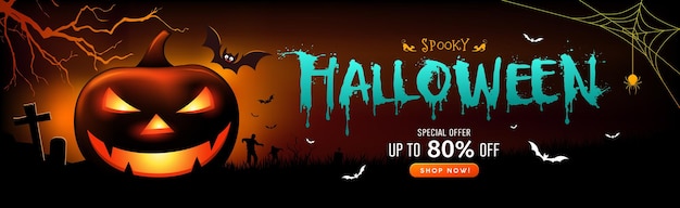 Halloween-Verkauf gruseliges Geisterkürbislächeln und Fledermaus mit Baumfahnendesign auf Nachthintergrund