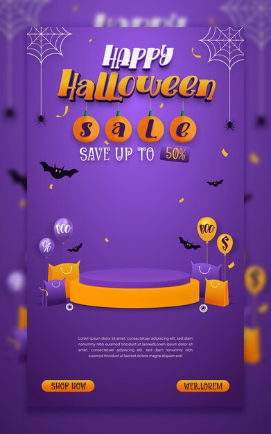 Halloween-Verkaufs-Social-Media-Poster-Vorlage mit Podium auf violettem Hintergrund