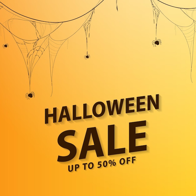 Vektor halloween-verkaufskartenhintergrund mit spinnennetz auf gelbem hintergrund