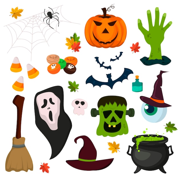 Halloween Zaubertrick oder Leckerbissen Symbole Kürbis Geist Urlaub Sammlung. Cartoon gruselige Halloween-Ikonen Feier Nacht gruselige Angst Hexe Oktober.