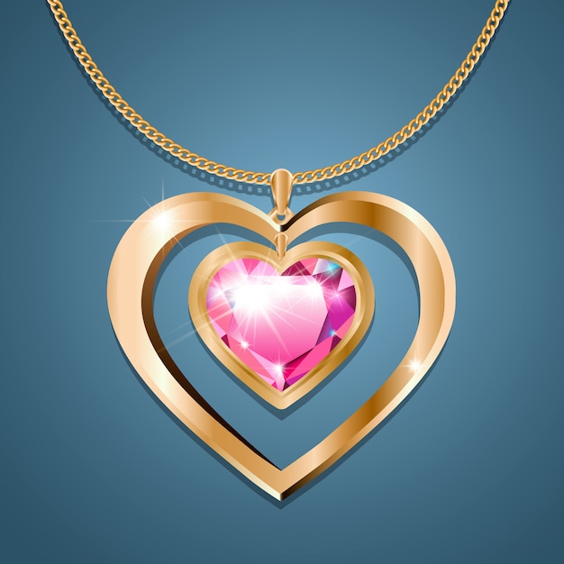 Halskette mit einem rosa steinherzen an einer goldkette
