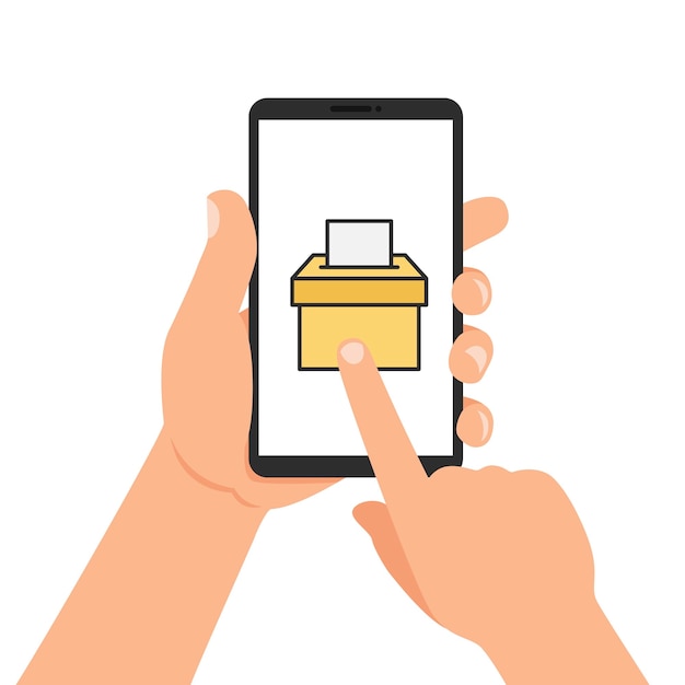 Halten Sie ein Mobiltelefon mit Online-Abstimmungs-App in der Hand Container mit Stimmzettel Vektor-Illustration