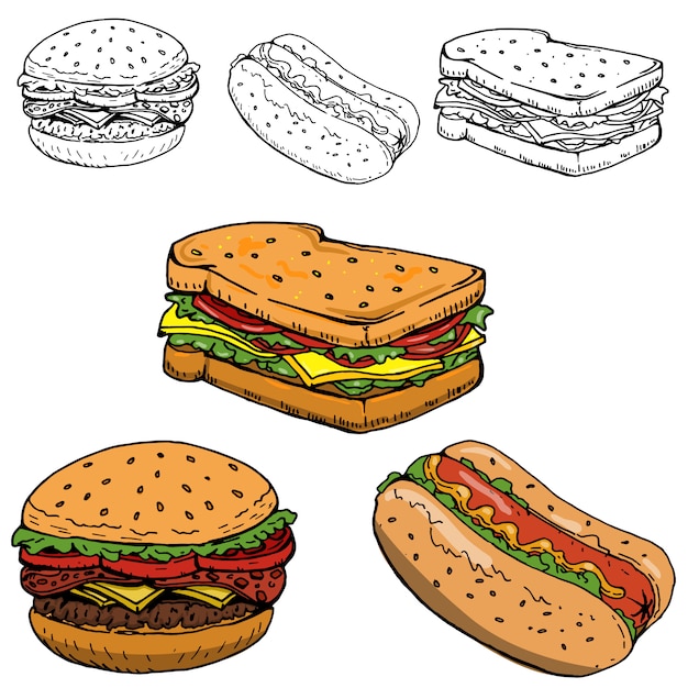 Hamburger, sandwich, gezeichnete illustrationen der hot dog-hand auf weißem hintergrund.