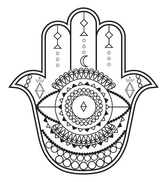 Hamsa-handvektor mit mystischen esoterischen symbolen wie pyramide des bösen blicks indische farbseitentätowierung henna-illustration wicca astrologische okkulte kunst