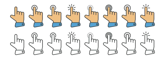 Hand-Cursor-Symbol in verschiedenen Gesten. Finger-Maus-Cursor. Klicken Sie auf den Cursor-Vektor-Illustration