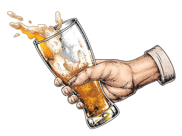Hand, die ein Glas Bier mit Splash hält