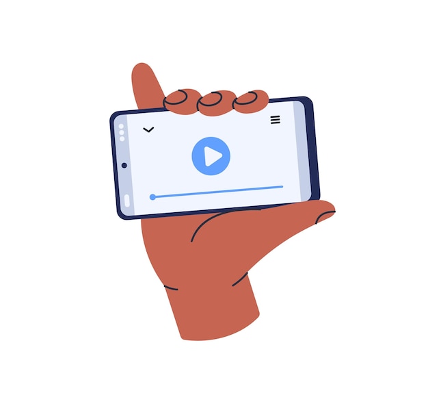 Hand, die ein mobiltelefon hält und eine videoanwendung zum ansehen von filmen verwendet. film online auf horizontalem smartphone-bildschirm abspielen, handy-player-app. flache vektorillustration lokalisiert auf weißem hintergrund.