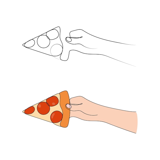 Vektor hand, die ein stück pizza hält pizzastück italienisches fast food eine linienvektorillustration