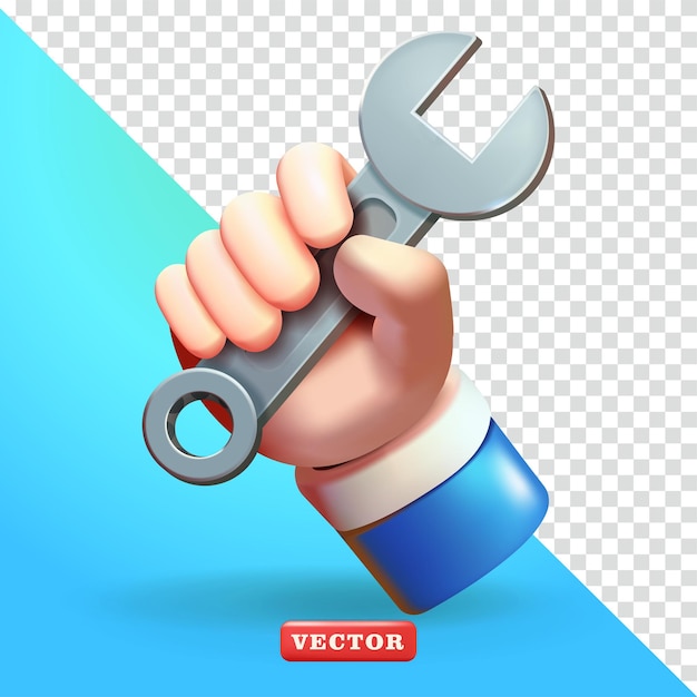 Vektor hand, die einen drehschlüssel hält 3d-vektor geeignete einstellung arbeit industrie- und designelemente