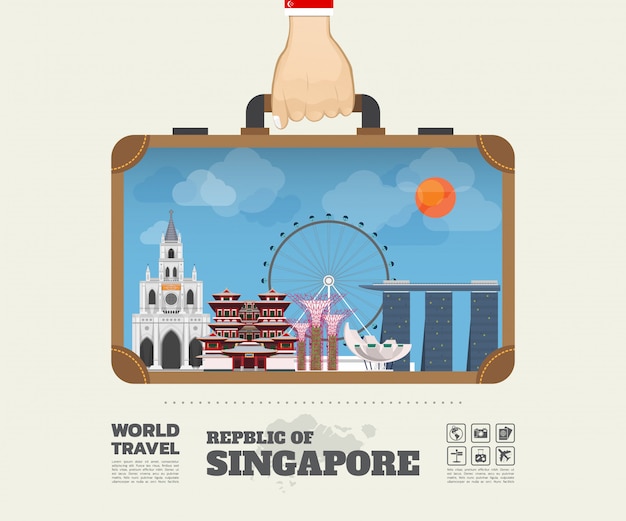 Hand, die singapur-markstein-globale reise und reise infographic-tasche trägt.