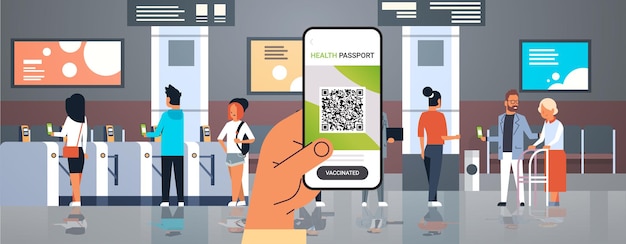 Vektor hand, die smartphone mit digitalem immunitätspass mit qr-code auf dem bildschirm hält, risikofreie covid-19-pandemie
