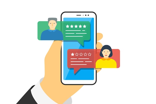 Hand, die Smartphone mit Feedback-App-Blasenreden und Avataren auf dem Bildschirm hält. Überprüfen Sie die Fünf-Sterne-Bewertung mit guter und schlechter Bewertung. Qualität Vektorgrafik