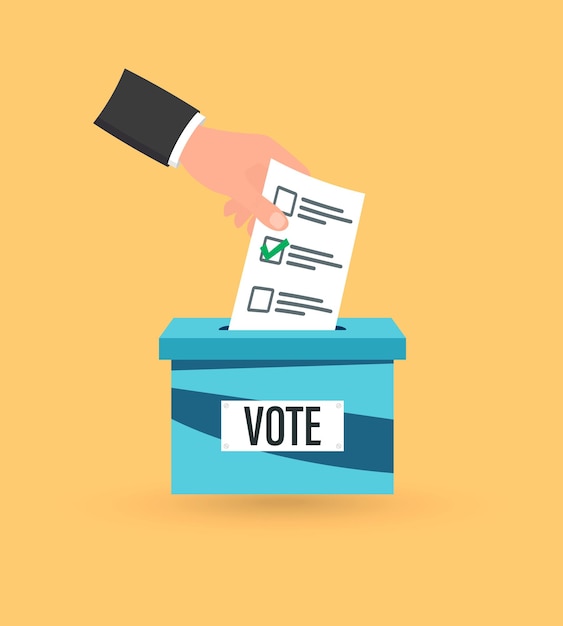 Hand, die Stimmzettel in die Wahlurne legt. Abstimmungskonzept. Seine Stimme in die Wahlurne werfen. Stimmzettel in einem Schlitz der Box. Flaches Design-Vektor-Illustration
